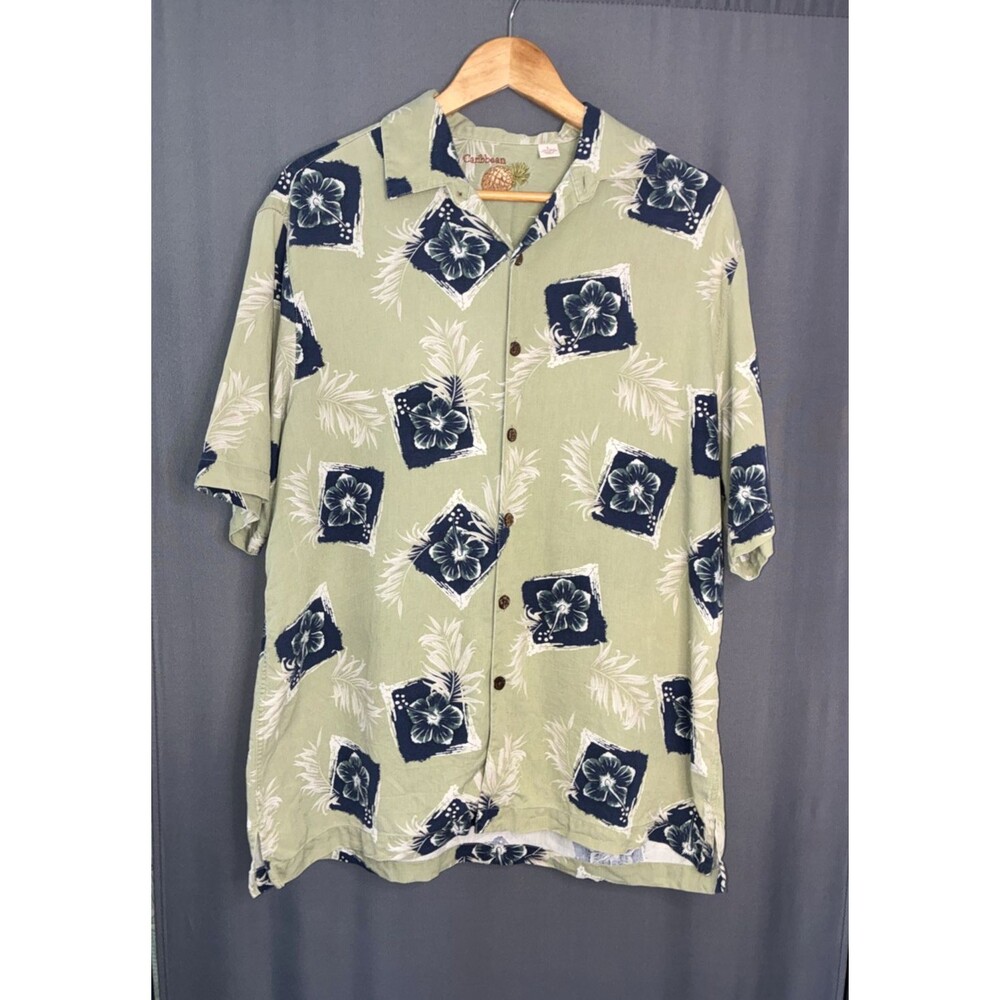 Caribbean Silk Cotton Hawaiian Short Sleeve Shirt Large Green Blue Floral Cruise